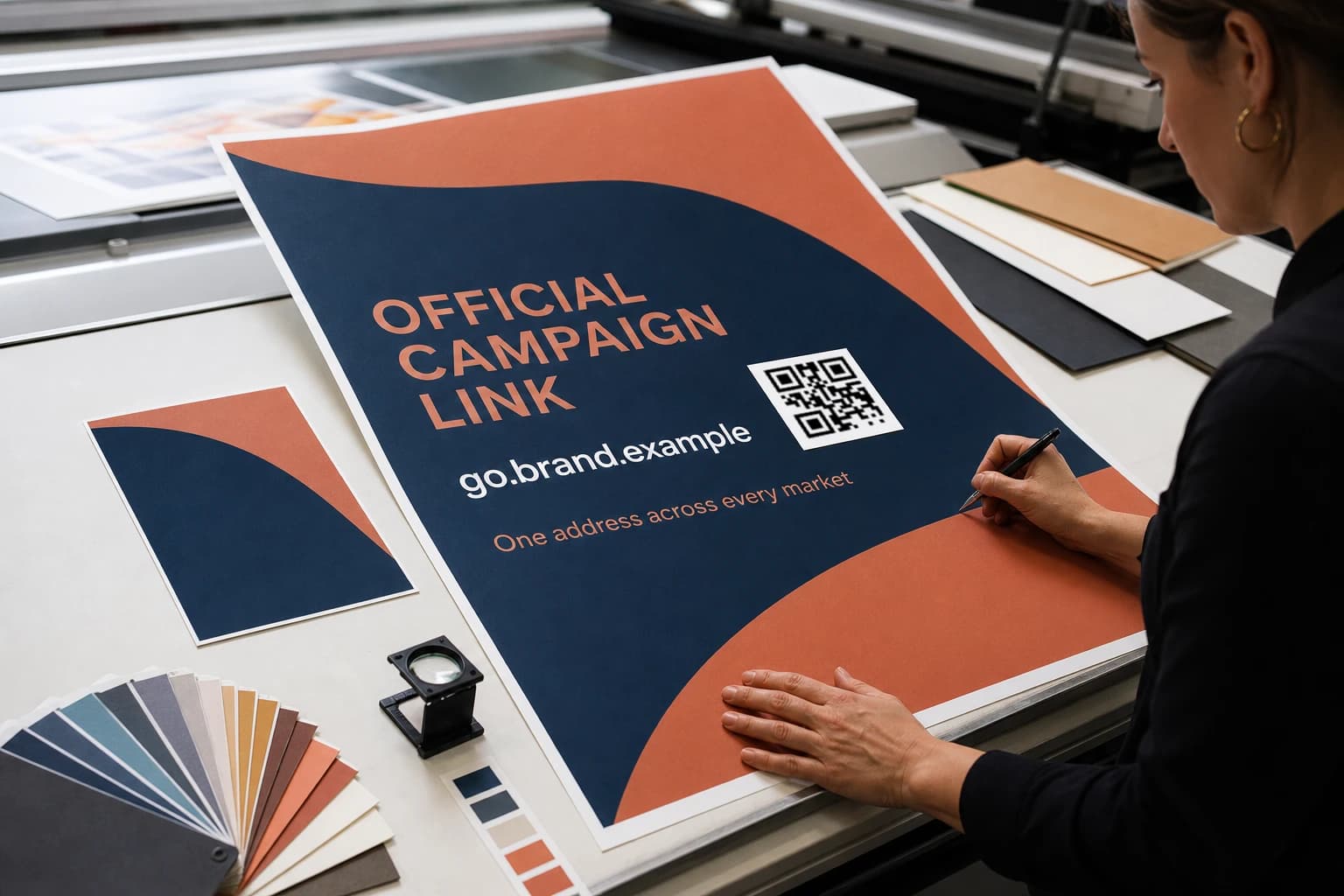 Print specialist reviewing QR campaign artwork for a multi-market rollout