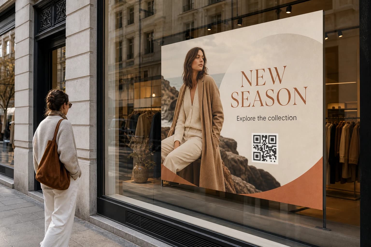 Storefront campaign display representing a time-limited QR code promotion